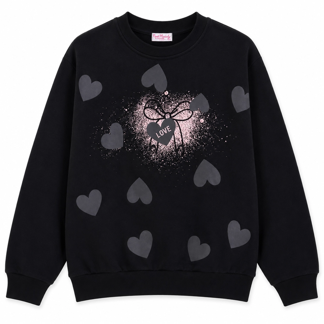 Siyah Love Kalp Baskılı Kız Çocuk Sweatshirt 5-8 Yaş