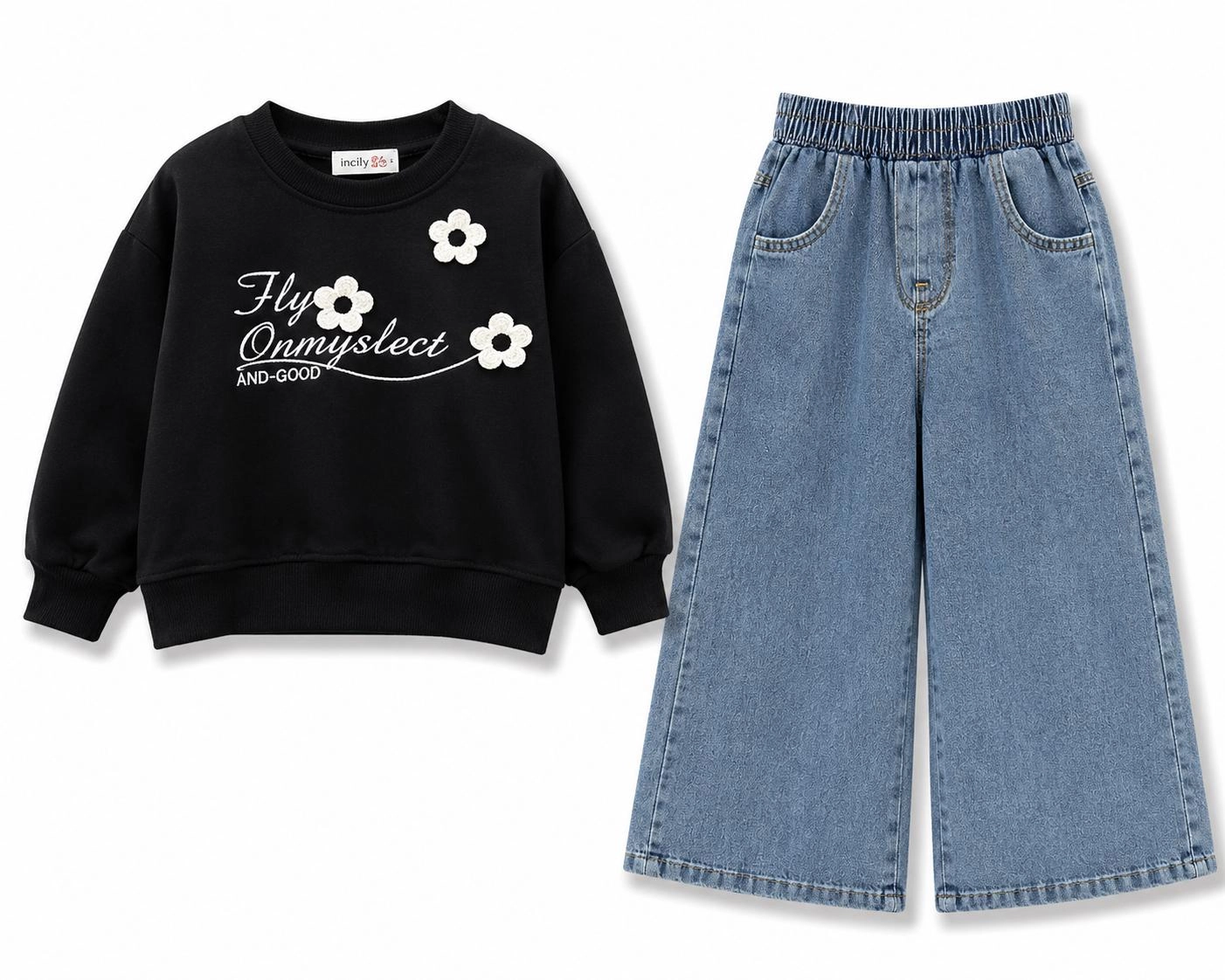 Çiçek Detaylı Sweat & Bol Paça Jean Takım
