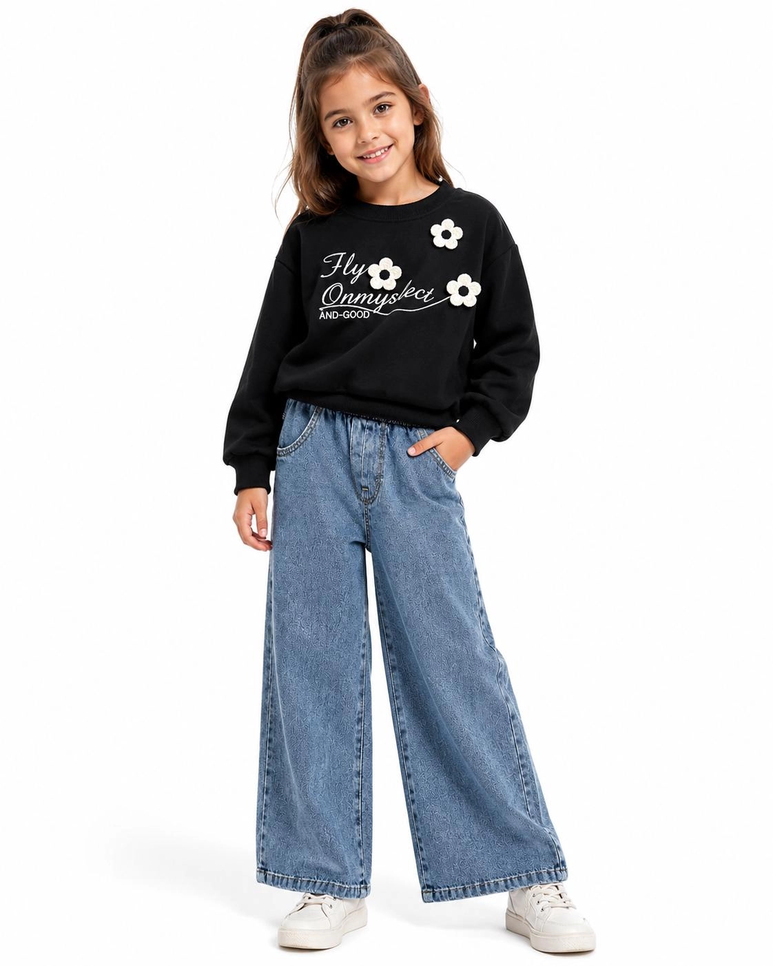 Çiçek Detaylı Sweat & Bol Paça Jean Takım