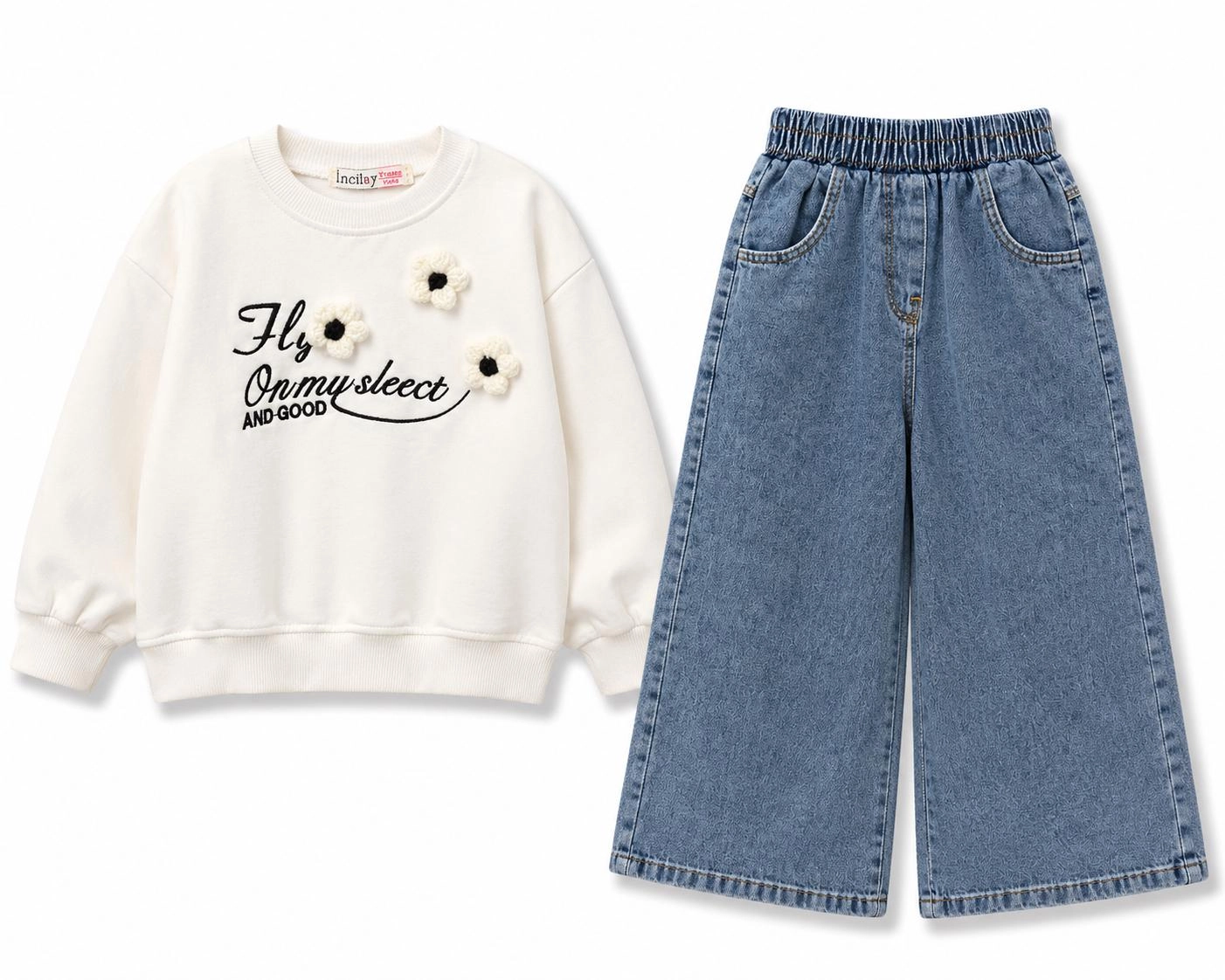 Çiçek Detaylı Sweat & Bol Paça Jean Takım