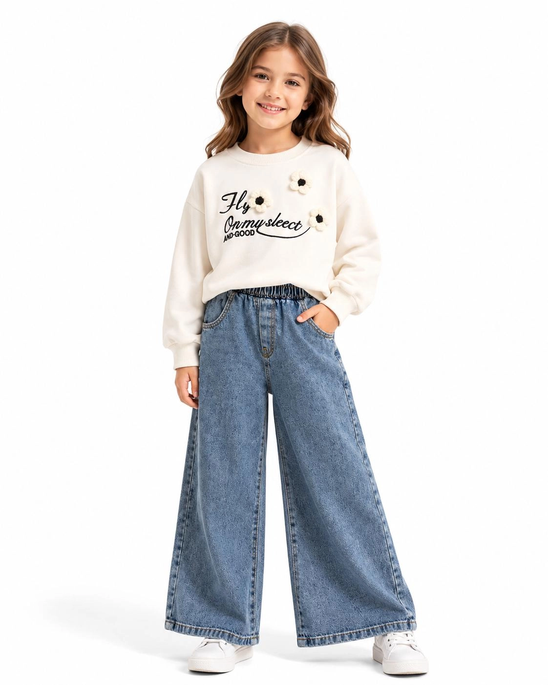 Çiçek Detaylı Sweat & Bol Paça Jean Takım